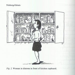 Woman in distress in front of kitchen cupboard