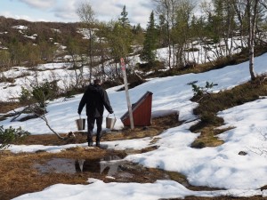 24-mei-Hovstøyl-vatn: deze DNT-hut bereiken we met onze knieën door de sneeuw... zonder sneeuwschoenen. Daarover meer in het 24-mei-blog!