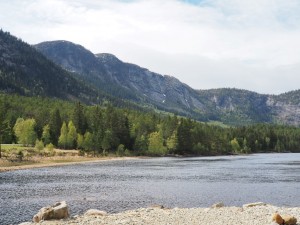 Uitzicht op 2 fossen en rivier door Setesdal vanaf Kallefoss Hyttepark