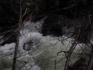 Naast hem is dit stromende water. Val je? Dan word je meegezeuld de rivier in. Het water kont boven zijn knieën. Dus boven mijn kruis. 