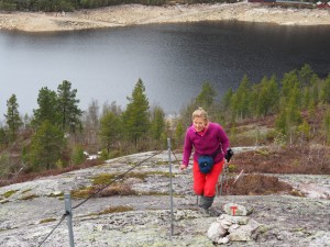 31. De T-route naar Nystøyl lokt ons, tegen beter weten in. Het begin is steil, maar keurig voorzien van een lijntje