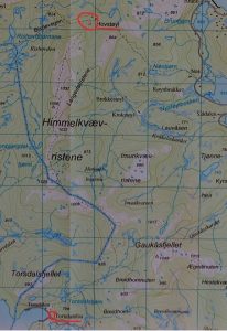 3. De route van Torsdalsbu naar Hovstøyl over Himmelkvævristine met pieken tussen 1029-1056 meter