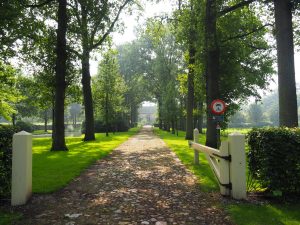 9. Bewijs van een andere oprijlaan, ook voorzien van een wit hek, dat dik in de verf zit. Die schilder van de familie moet er warmpjes bij zitten